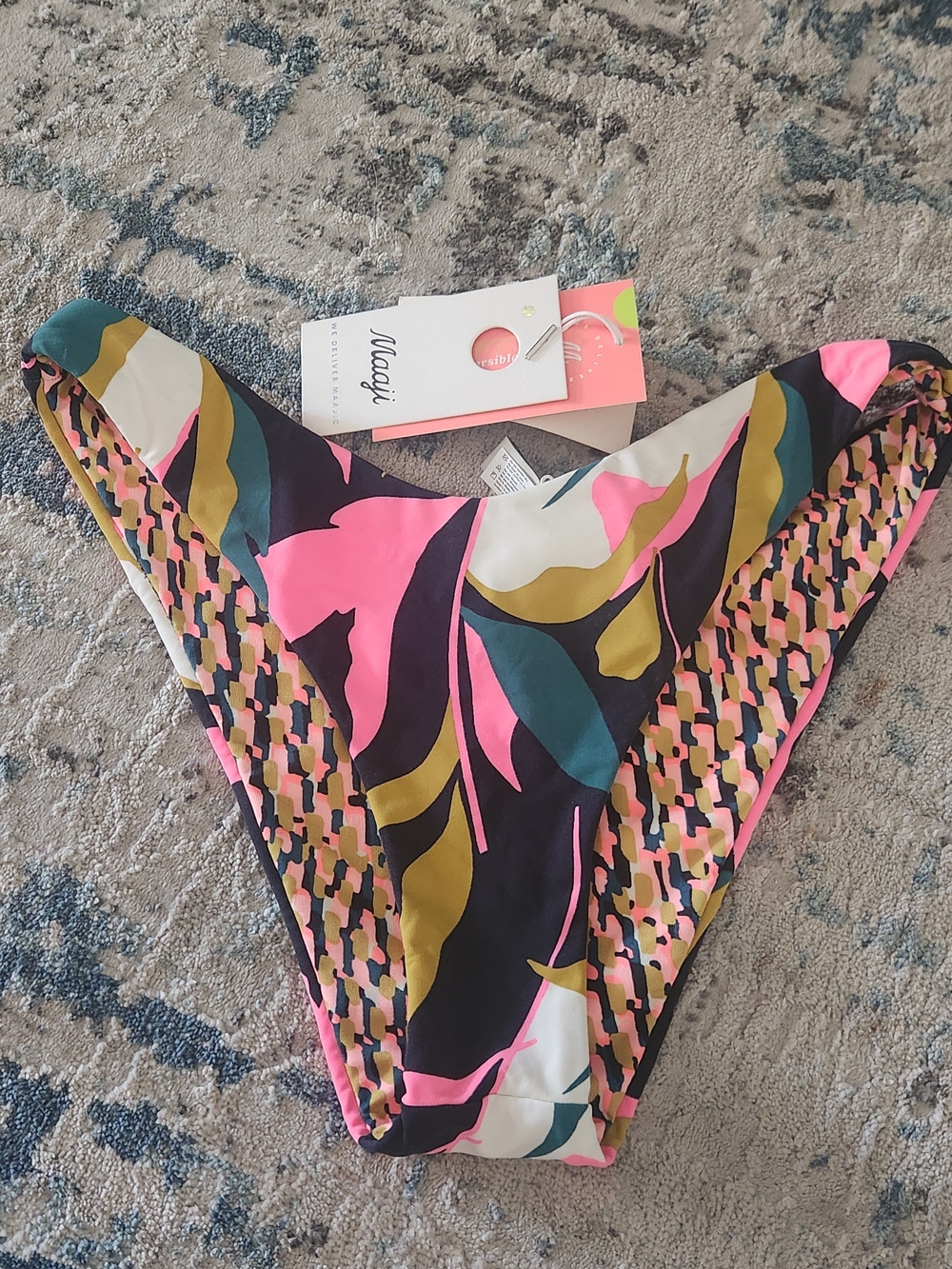 Maaji Multicolor Pink Green Olive Black Bikini Bottom